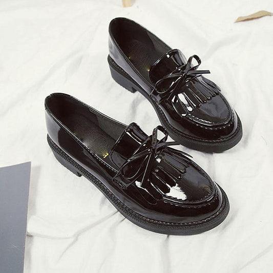 British Style Single Shoes Female Round Flat Small Leather Shoes Tassel Bow Loafers Leather Shoes Spring and Autumn