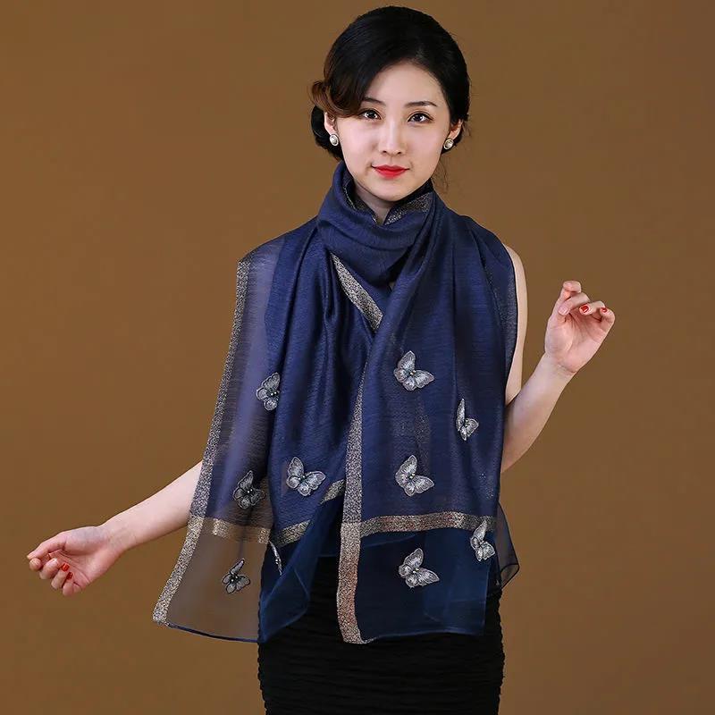 Women's Silk Scarf Mulberry Silk Scarves Autumn Winter Warm Butterfly Embroidery Shawl Long Mother Scarf Female Neck Collar Wrap Shawl Neckerchief