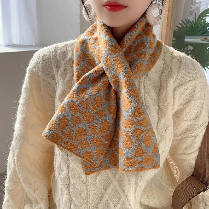 Scarf Women Winter Korean Fashion Printed Knitted Scarf Thicken Warm Cross Neck Guard Couple Scarf Shawl