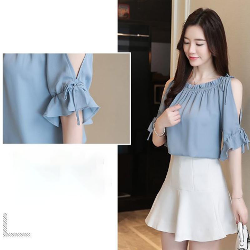 Summer Chiffon Shirt Female Fairy Air Age Reduction Solid Color T-shirt Fashion Loose Style Cool and Thin One-word Collar Strapless Top Women's