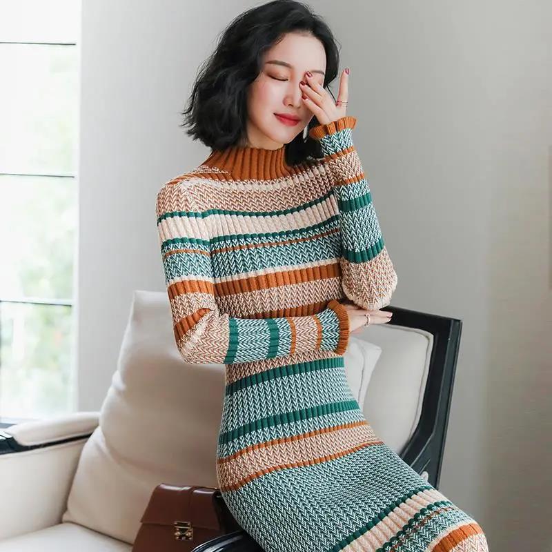 Mid-length Knitted Dress French Retro Dress Bottoming Turtleneck Sweater Dress Over The Knee 2021 Autumn and Winter Women