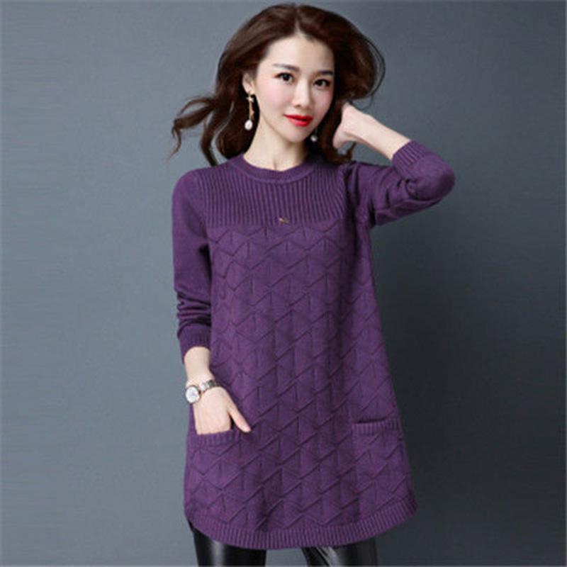 Mid-length Sweater Women Low Round Neck Spring and Autumn Korean Version of The Large Size Pullover Loose Knit Bottoming Shirt Sweater Skirt