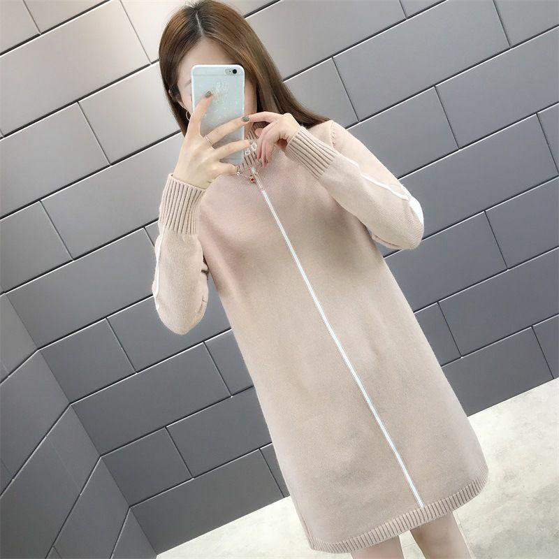 Autumn and Winter Half-high Neck Mid-length Sweater Dress Loose Casual Dress Fashion Knitted Women's Base Dress