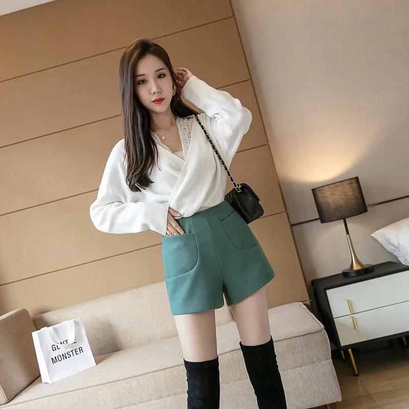 Korean Version of High-waist Woolen Shorts Women's Autumn and WinterStyle  A-line Wide-leg Pants Casual Pants