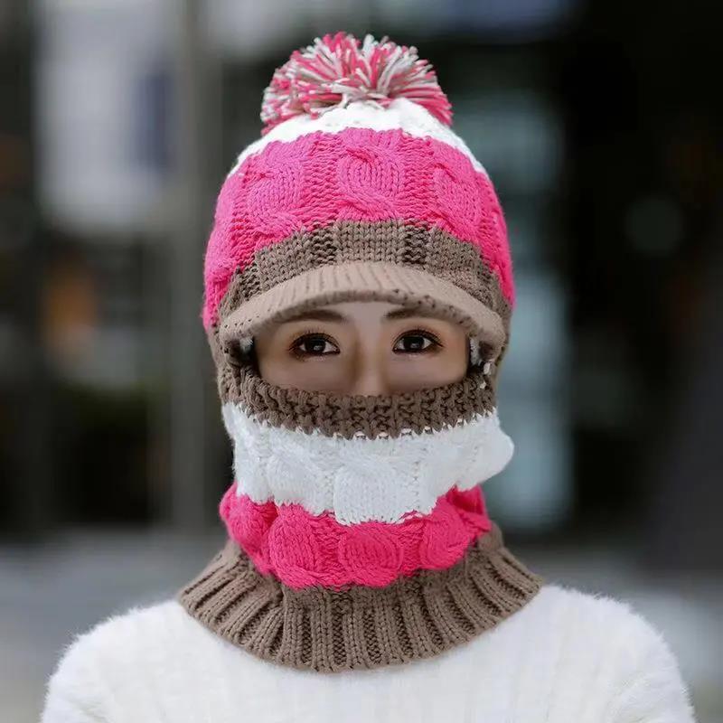 Winter Women's Knitted Hat and Bib One-piece Plus Velvet Warm Knitted Hat Cycling Windproof Neck Cover One-piece Hat