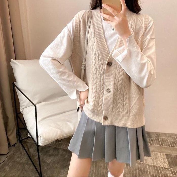 Autumn and Winter Solid Color Vest V-neck Knitted Waistcoat Loose Button Coat All-match