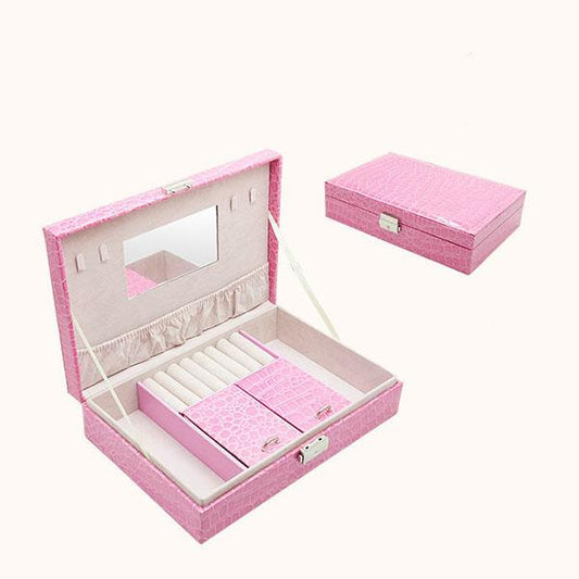 Large Capacity Jewelry Storage Box European Style Solid Color Leather Stud Earrings Rings Watch Jewelry Box with Lock