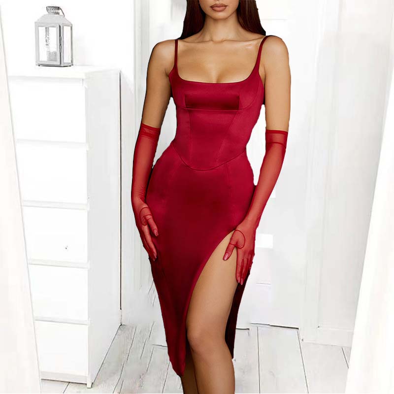 Sexy Satin Square Neck Dress Women's High Slit Revealing Backpack Hip Suspender Dress