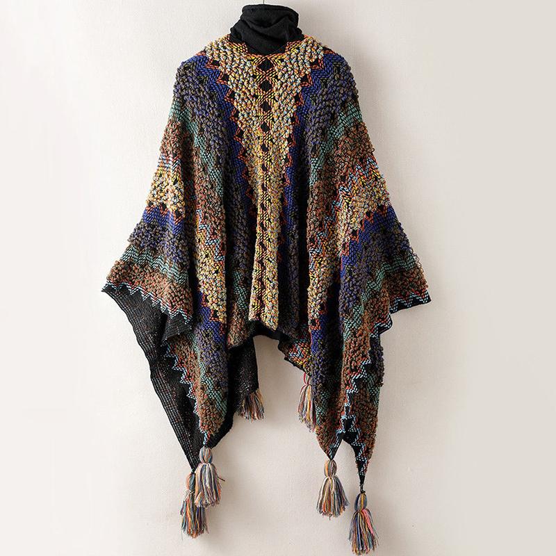 Ethnic Style Retro Literary Cloak Scarf Warm Women's Sweater Shawl Cloak Coat Tassel Jacquard Knitted Cardigan Women's Warm Shawl Coat