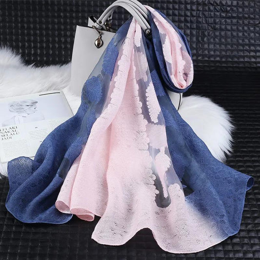 Women's Spring and Summer Two-color Gradient Silk Scarf Hollow Cut Flowers Organza Lace Gauze Scarf Shawl Long 190cm Thin Floral Neckerchief Shawl