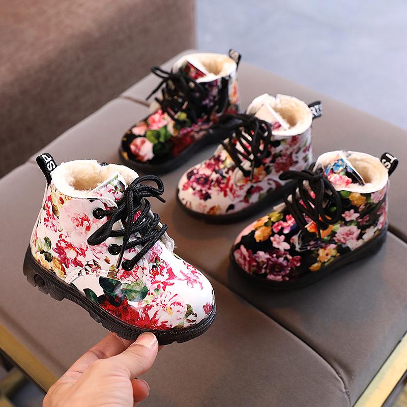 Warm Winter Boots Fashion Flower Print Shoes Girls Boys Ankle Boots Children Soft Fur Martin Boot Kids Snow Boots