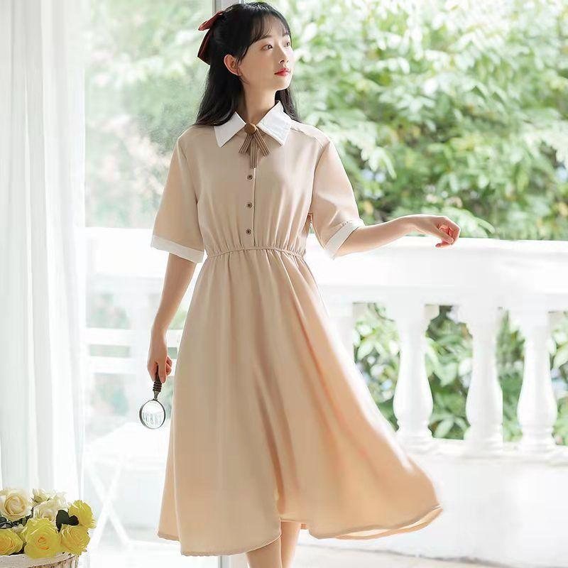 College Style Retro Slim Waist Temperament Dress Female Short-sleeved Mid-length Skirt A-line Skirt Bow Decoration Sweet and Cute