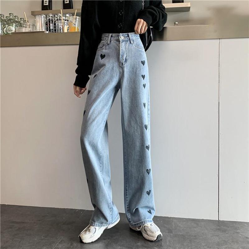 WTEMPO Heart-shaped Women's High Loose Casual Washed Denim Waist Wide Leg Pants Straight-leg Pants Super Long