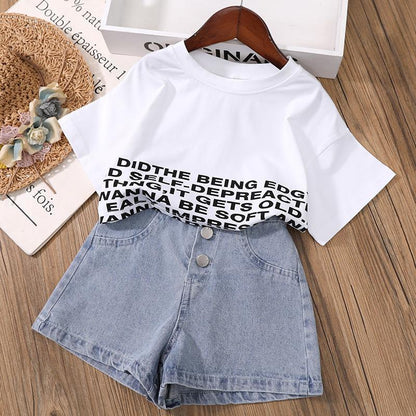 2PCS Children Clothing Set Spring Summer Girls Suits High Waist Denim Shorts Printing Letter Middle Sleeve Tops Clothing Set