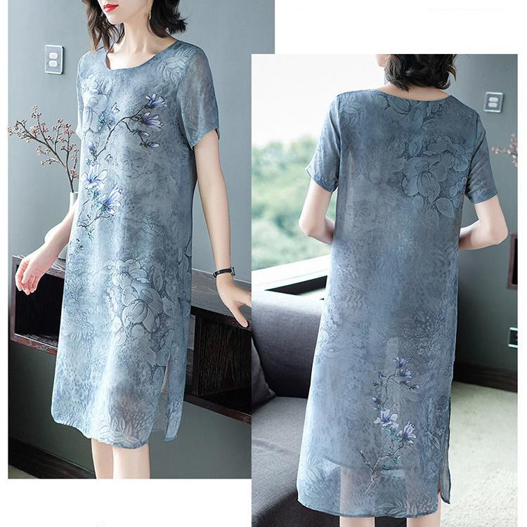 L-XXXXXL Plus Size Mom's Summer Chiffon Dress Mid-length Crew Neck Printed Over-the-knee Skirt