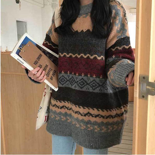 Vintage Casual Pullover Sweater Female Student Korean Loose Round Neck Plus Size Knitted Sweater Outer Wear Thick Warm Knitwear