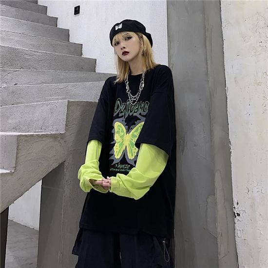 Oversized Loose Long T Harajuku Fake Two-piece Long Sleeve T-shirt Personality Trend Butterfly Long T Punk Harlan Style Clothing