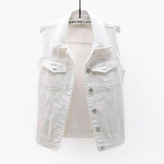 Denim Vest Women's Sleeveless Jacket Short All-match Slim Slimming Raw EdgeRipped Tops Spring Summer Autumn