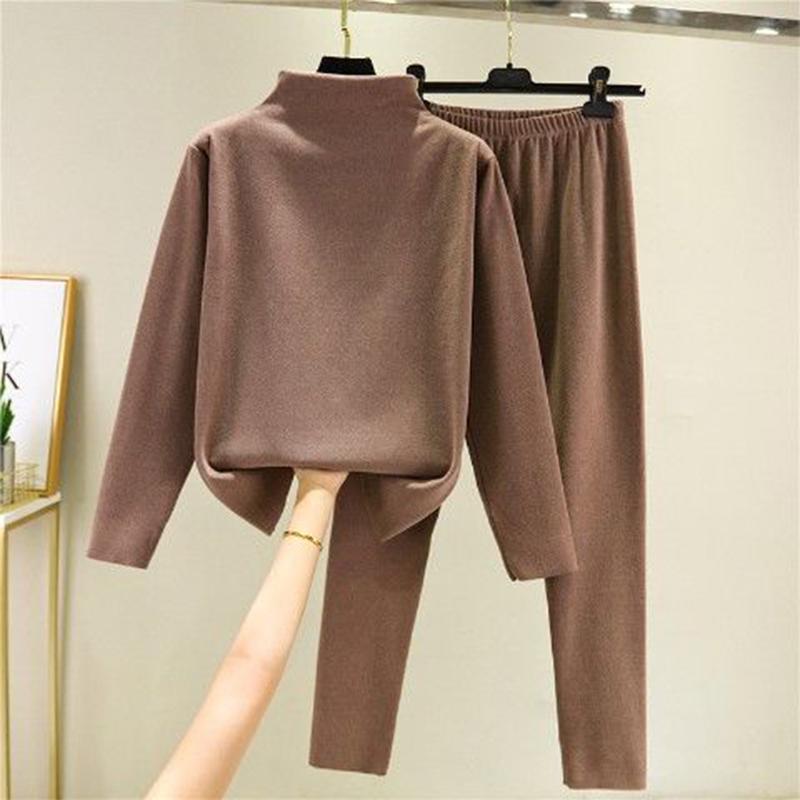 Turtleneck Bottoming Shirt Women Autumn and Winter Double-sided Fleece Heating Warmth Thickened Autumn Clothes Long Trousers Two-piece Suit