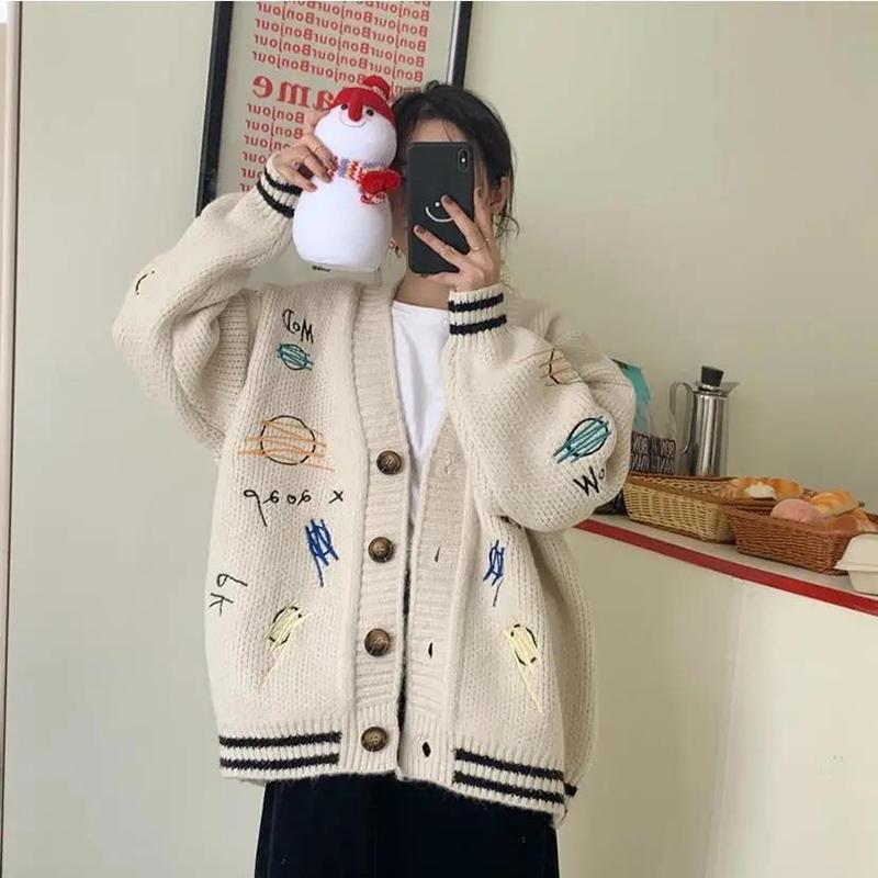 Casual Knitted Cardigan Women's Autumn   Winter Long Loose  Thick Student Embroidery Sweater Coat Fashion