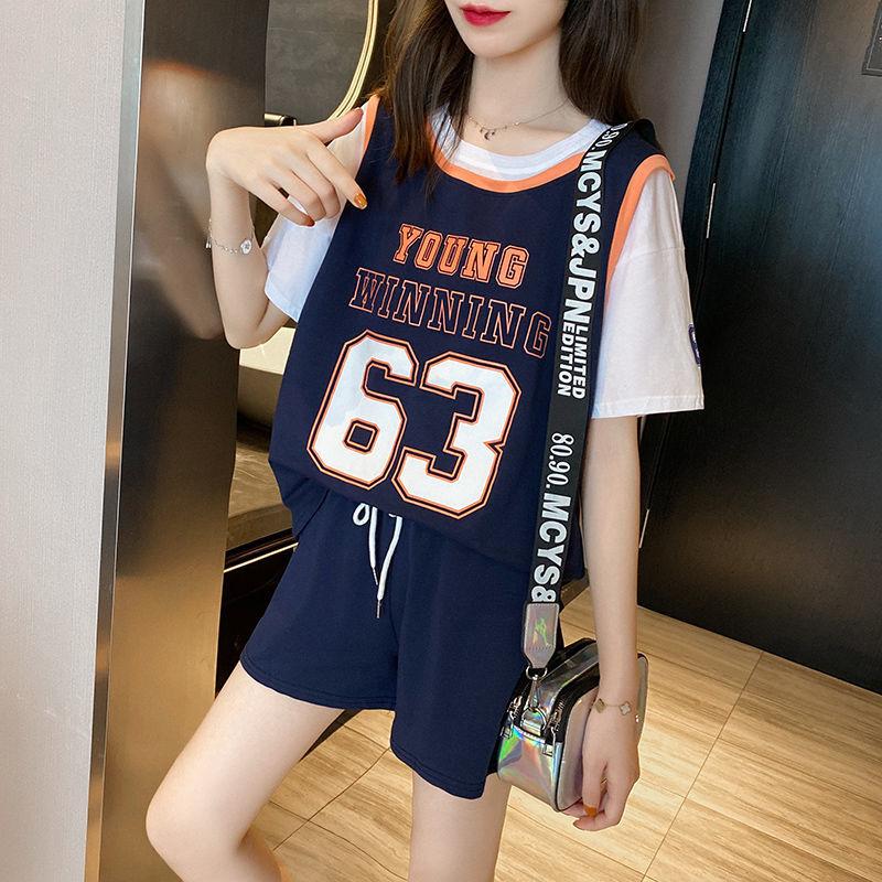 Summer Casual Suit Female Printed Loose Top Sports Shorts Two-piece Basketball Uniform Digital Pattern Loose Casual Suit Home Service