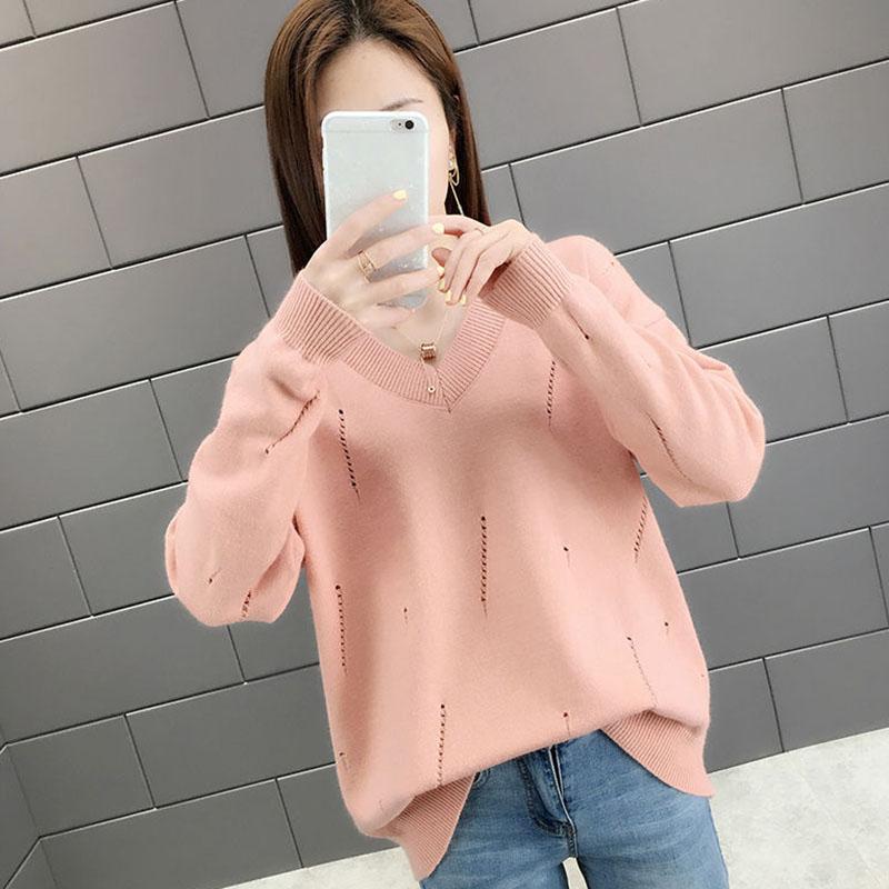 Spring and Autumn Loose V-neck Sweater Solid Color Hollow Top Long Sleeve All-match Female Top