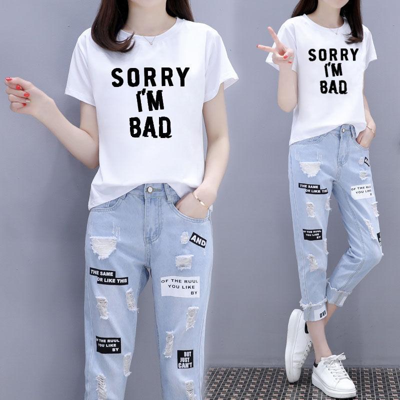 Suit Women Summer Short-sleeved T-shirt Nine-point Jeans Loose Two-piece Round Neck Short-sleeved T-shirt Loose Jeans