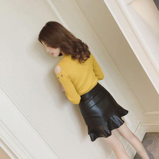 Autumn Strapless Inner Wear Women's Hollow Tight T-shirt Long-sleeved Sexy Knitted Sweater Base