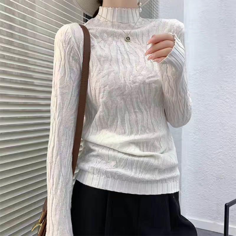 Autumn Winter Women Stretch Pleated Slim Knit Sweater All-match Thin Bottoming Shirt Top High Neck Pullover Jumper