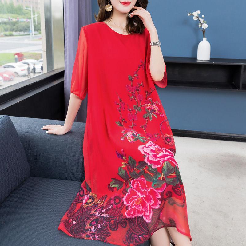 XL-XXXXXXL Women's Summer Dress Middle-aged Mother Chiffon Veil Short Sleeve Round Neck Large Size Over The Knee Daily Wear