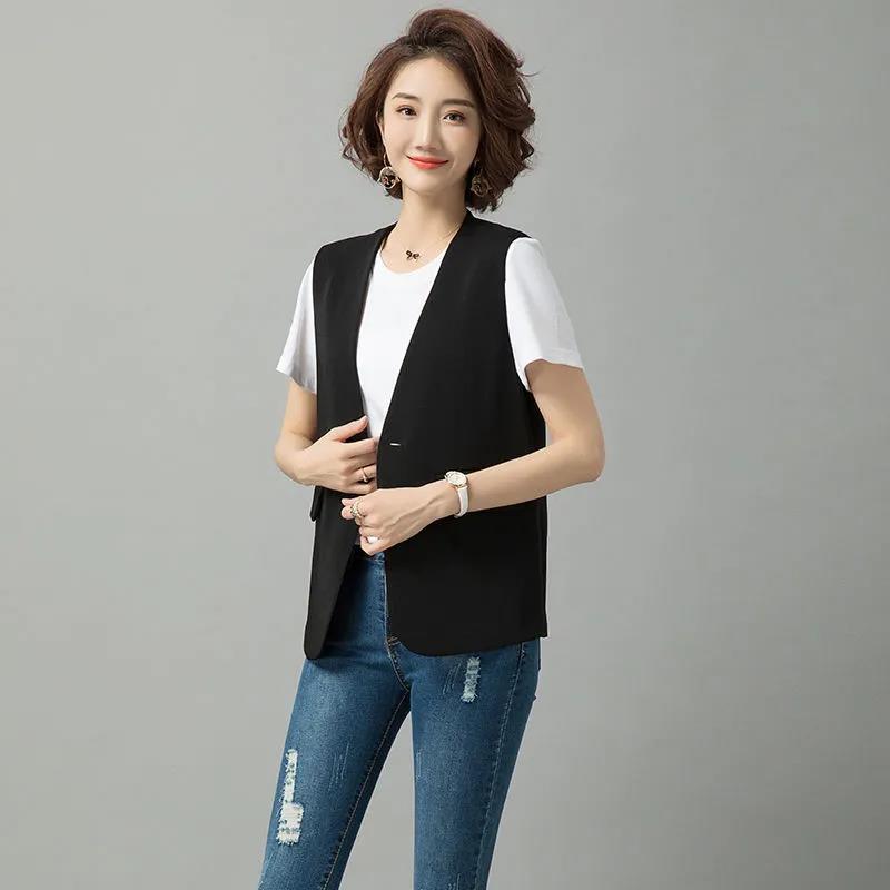 Women's Thin Suit Waistcoat Sleeveless Jacket Ladies Casual Single Button V-neck Short Suit Jacket Straight Vest Women's Suit Vest