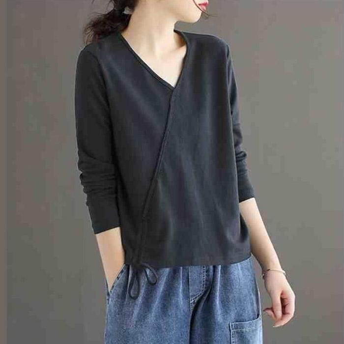 Cotton Solid Color V-Neck T-Shirt Ladies Spring Summer Hem Drawstring Loose Casual Long Sleeve Vintage Top