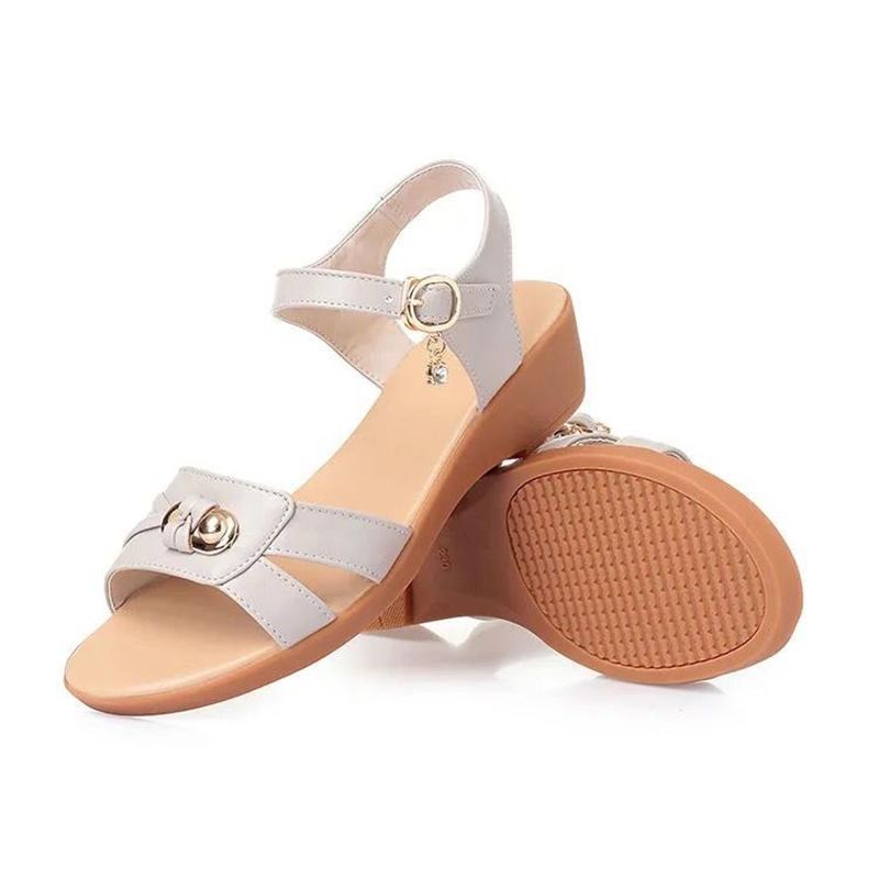 Summer Mother Sandals Women's Slope with Flat Really Soft Leather Soft Bottom All-match Non-slip Middle-aged and Elderly Women's Sandals