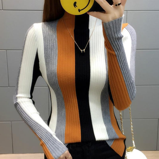 Long-sleeved Sweater Wild Striped Sweater Autumn and Winter Turtleneck Sweater Short Paragraph