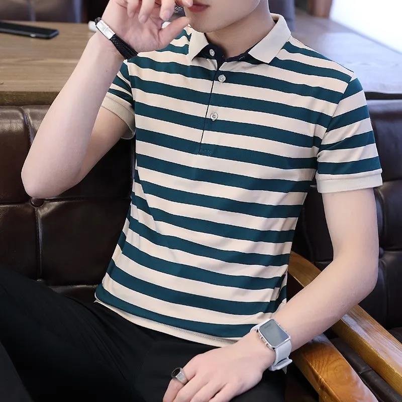 Short-sleeved T-shirt Men's Striped Bottoming Shirt Summer Lapel Trend Men's Half-sleeved T-shirt