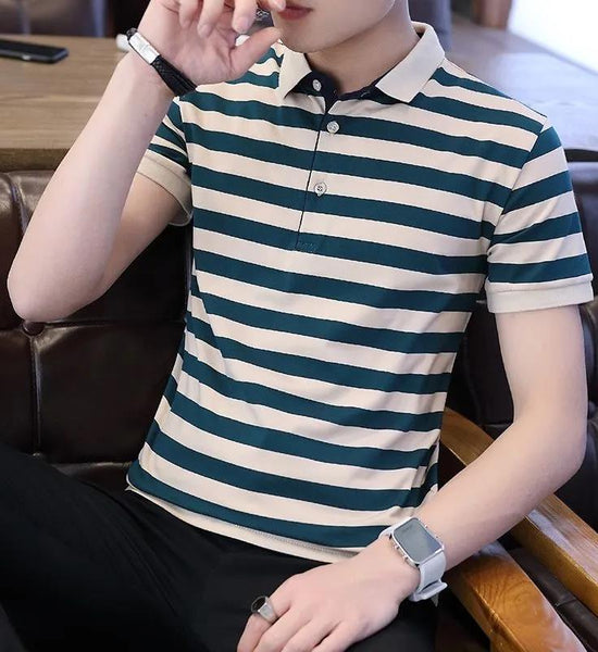 Short-sleeved T-shirt Men's Striped Bottoming Shirt Summer Lapel Trend Men's Half-sleeved T-shirt