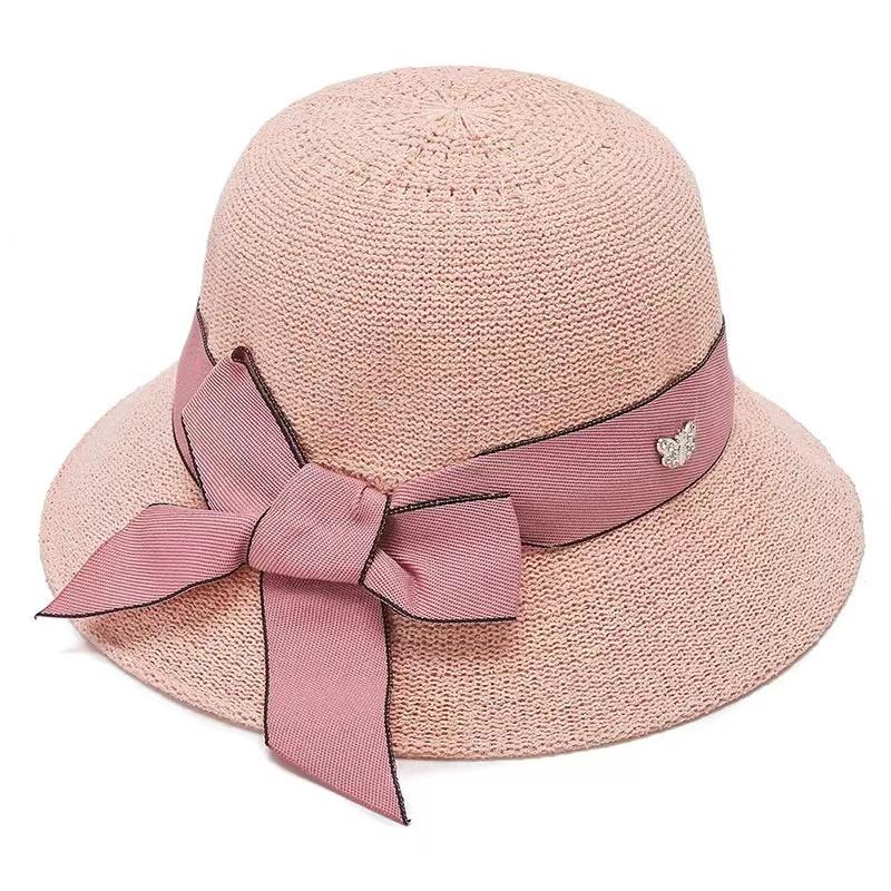 Women's Bow Flower Cotton Linen Cap Spring Summer Fisherman Hat All Match Floral Diamond Cap Windshield Sun Hat Elegant Pot Cap