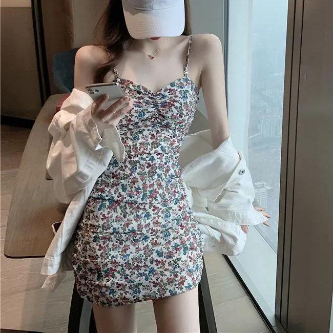 Female Vintage High Waist Holiday Short Dress Slim Floral Print Elegant Backless Party Club Dress