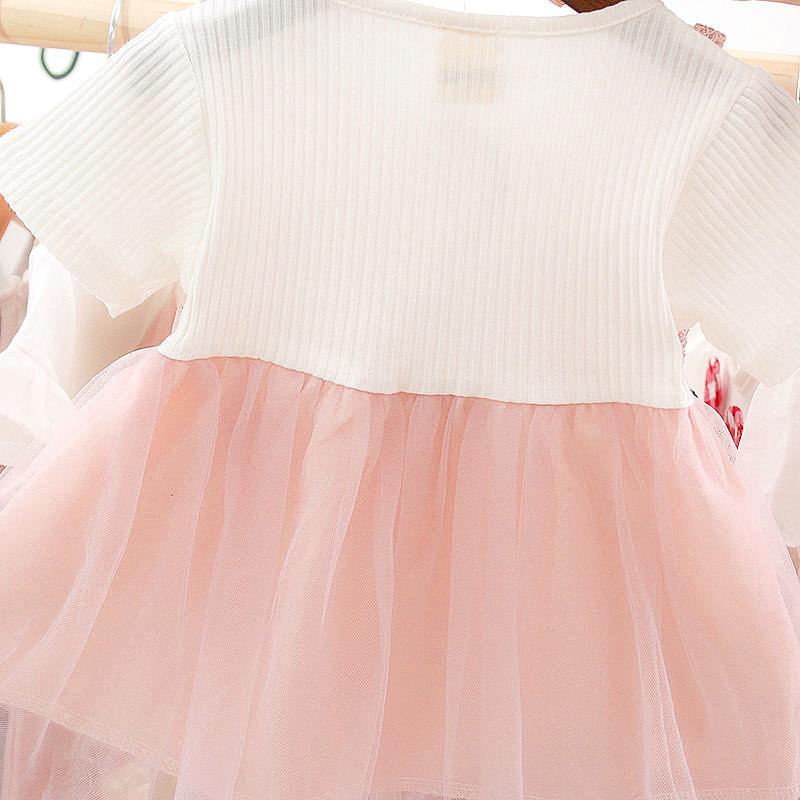 Children Dress Spring Summer O-neck Kids Clothing  Baby Girls Clothing Yarn Short Sleeve Dress Girl