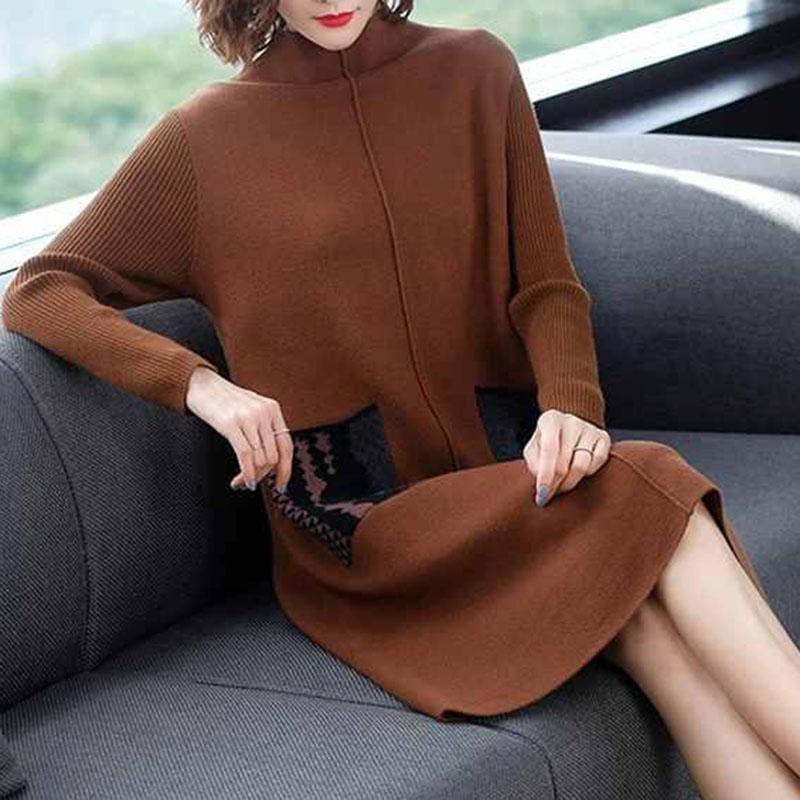 Autumn and Winter Knitted Slimming Dress Mid-length Loose and Simple Base Skirt Fashion Casual Middle-aged Women Sweater Dress