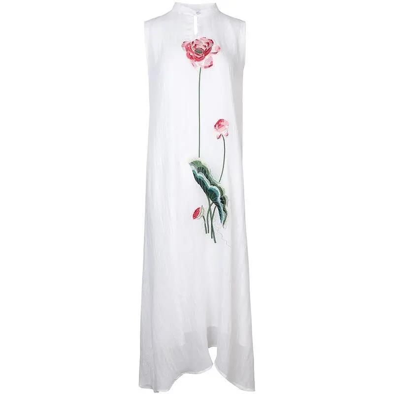 Temperament Embroidery Noble Cheongsam Sleeveless Vest Chiffon Dress 2021 Summer