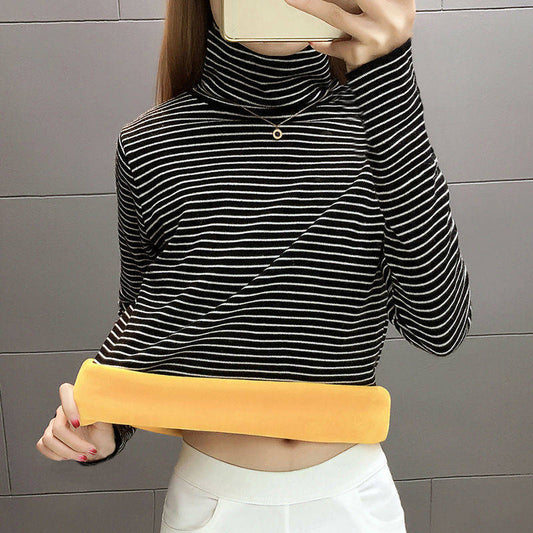 Thicken Plus Velvet Thermal Clothing Women's Underwear Tight-fitting High-neck Striped Winter Bottoming Shirt One-piece Gold Velvet Top