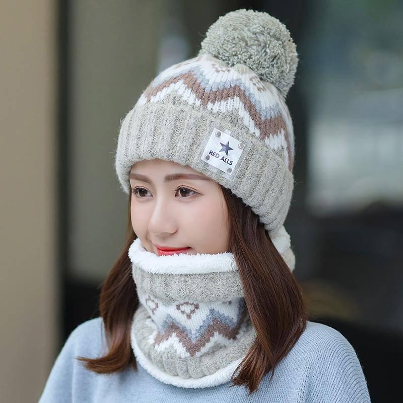 Winter Knitted Beanies Hats Scarf Set Women Thick Warm Beanie Skullies Hat Female Knit Beanie Caps