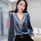 Women's Spring and Autumn Long Sleeve Top Sexy V-Neck Large Size Loose T-Shirt