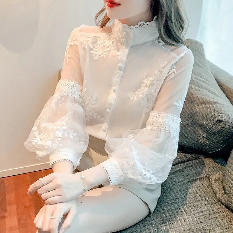 Sweet Lace Chiffon Shirts Elegant Patchwork Solid Spring Summer 2022 Stand Collar Long Lantern Sleeve Cardigan Women's Clothing