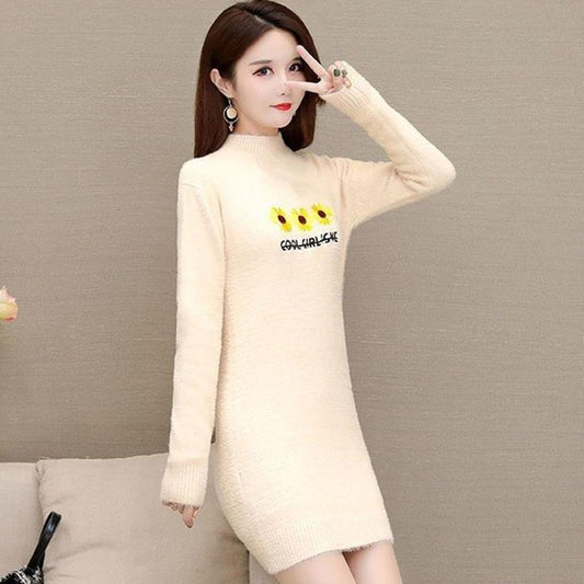 Autumn and Winter Mohair Knitted Sweater Half High Neck Thick Loose Bottoming Shirt Mid-length Casual Women Sweater Dress