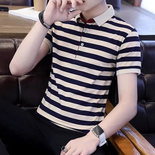 Short-sleeved T-shirt Men's Striped Bottoming Shirt Summer Lapel Trend Men's Half-sleeved T-shirt