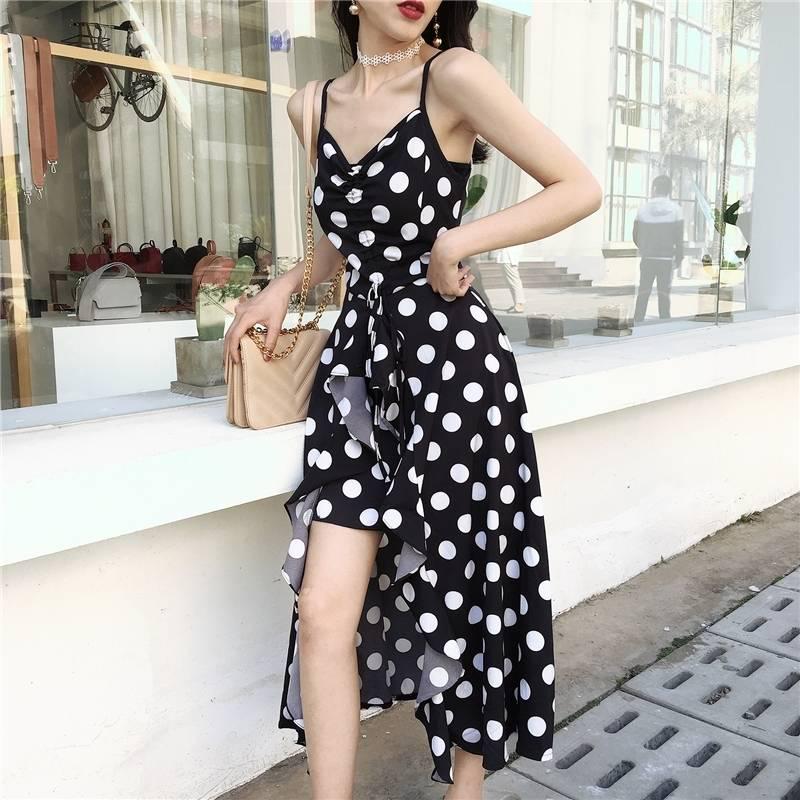 Women Dresses Summer Sexy Dress Ladies High Waist Dot Printing Dresses Back Straps Backless Dress