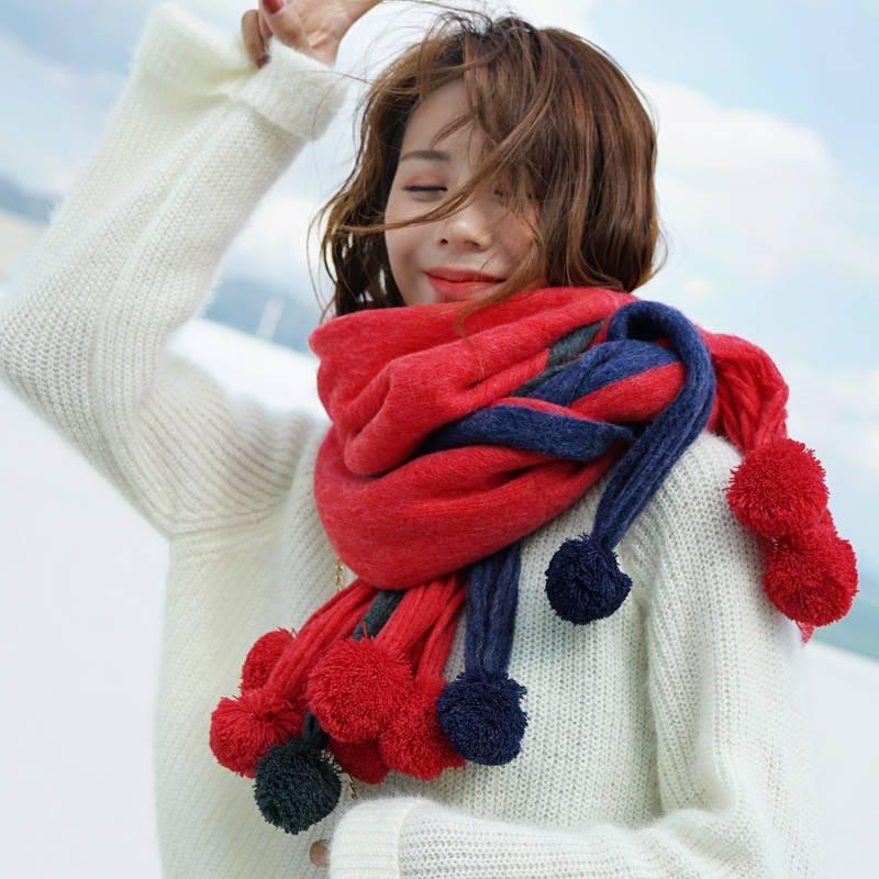 Winter Female Wool Plaid Scarf Women Cashmere Scarves Wide Lattices Long Shawl with Ball Tassel