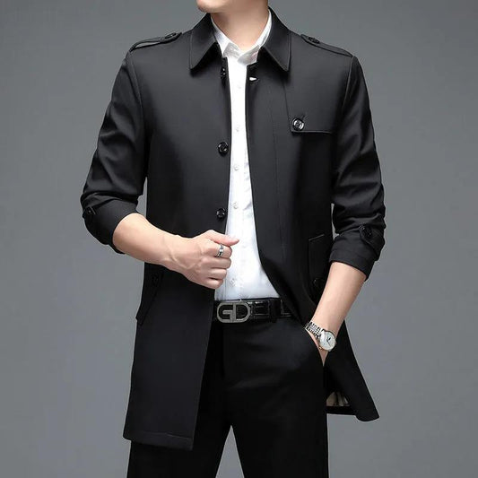 Men Silk Business Suit Lapel Button Top Casual Comfortable Coat Solid Color Parka Long